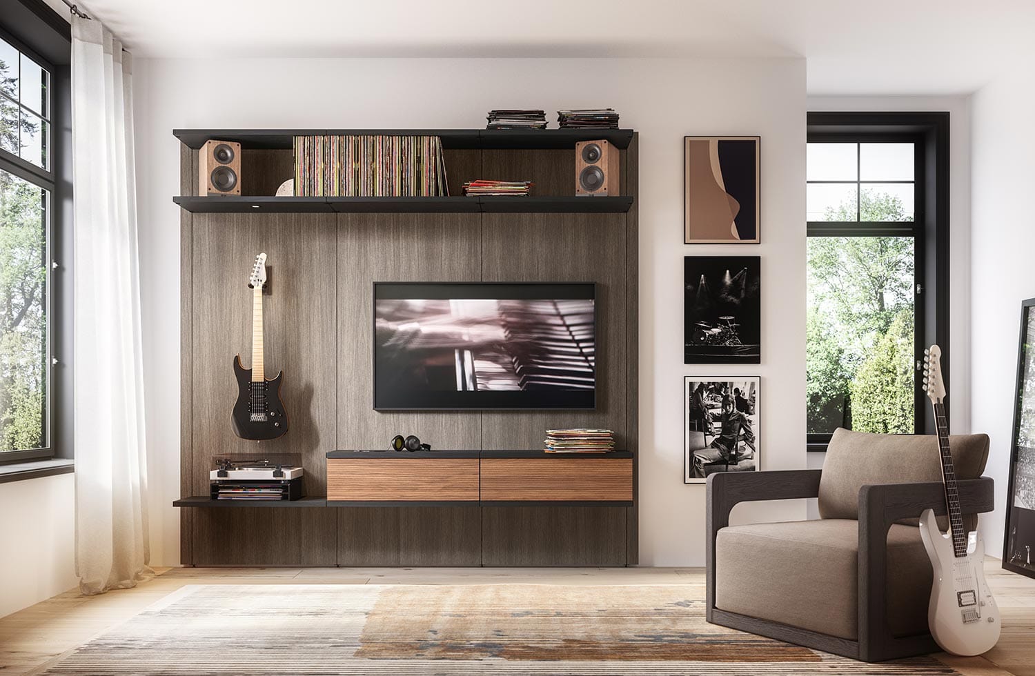 Built in dresser drawers in closet under lighting shelf by California Closets