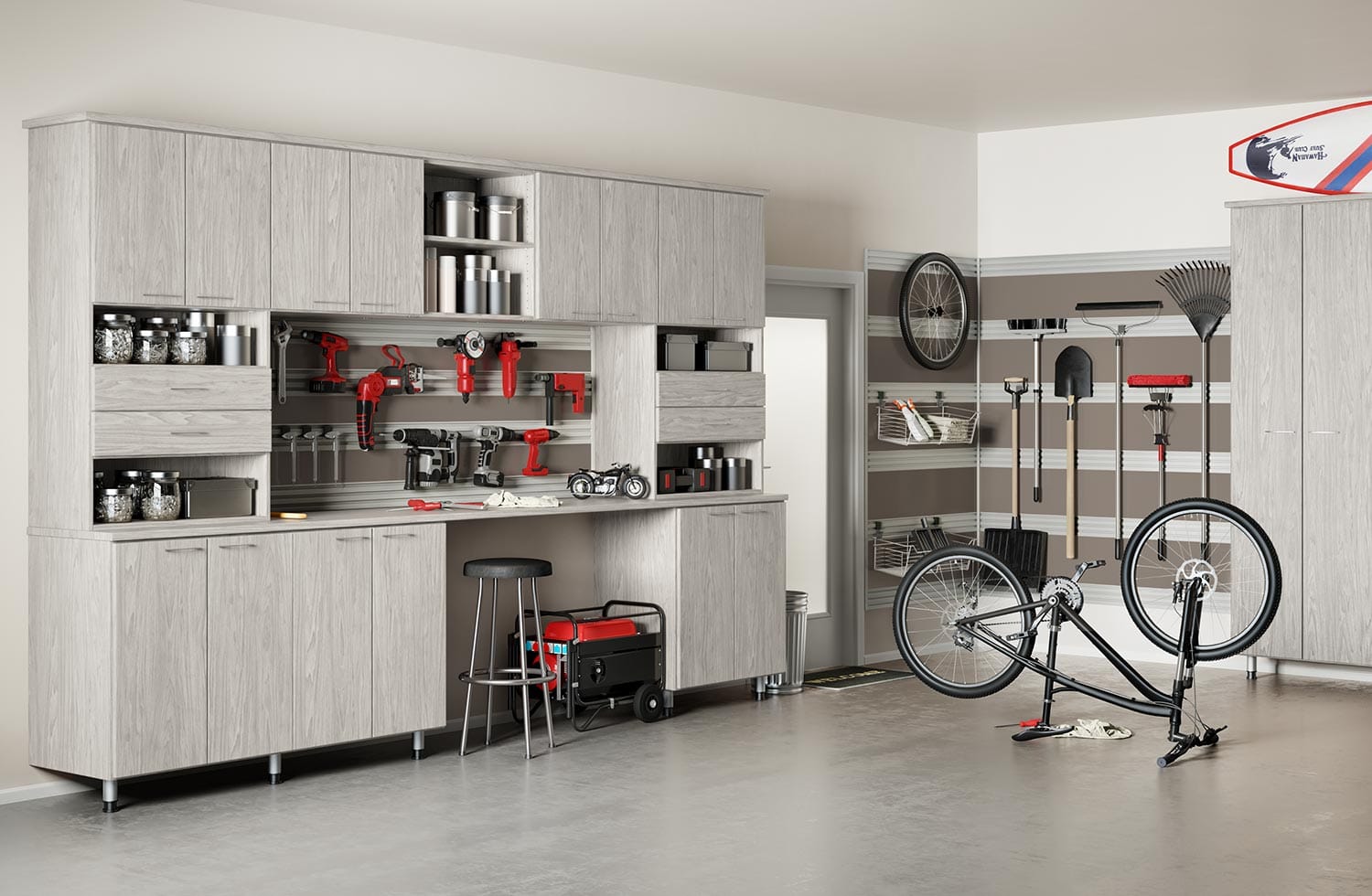 Custom garage storage with baskets for sport gear in a light wood finish by California Closets