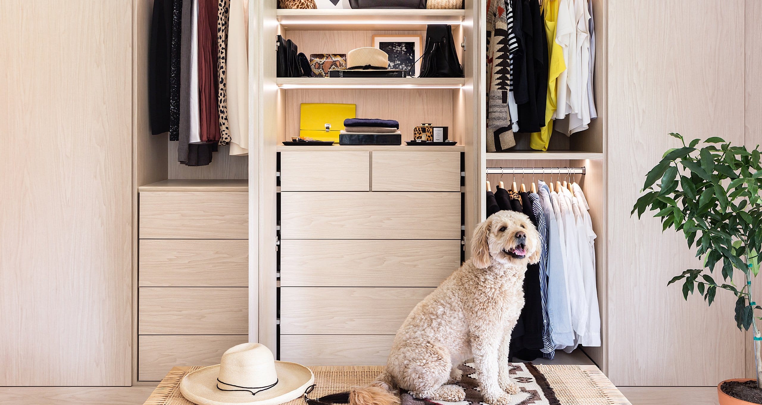 Michelle Adams' customized reach-in closet with extra dresser drawer storage and hanging wardrobe by California Closets