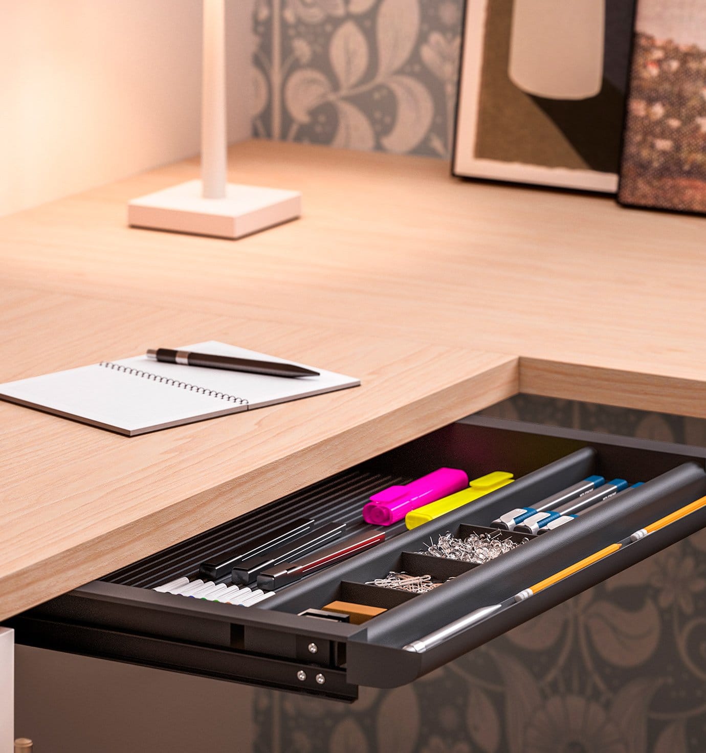 Desk drawer organizer built in design under light finish countertop by California Closets